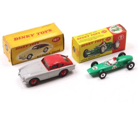 Dinky Toys boxed mode group, 2 examples comprising No. 241 Lotus racing car, finished in green with racing No. 24, and No. 16