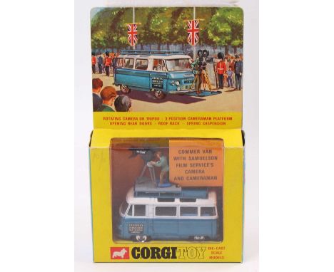 Corgi Toys No. 479 Samuelson's Film Service camera van, blue and white body with spun hubs, with cameraman figure to roof, in