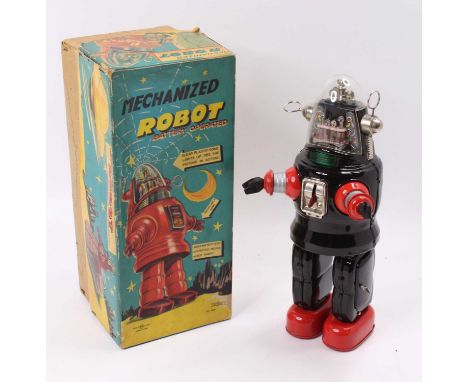 Nomura (Japan), 'Robbie the Robot', tinplate black body with red feet and chrome detailing, 2 battery boxes to the legs, with