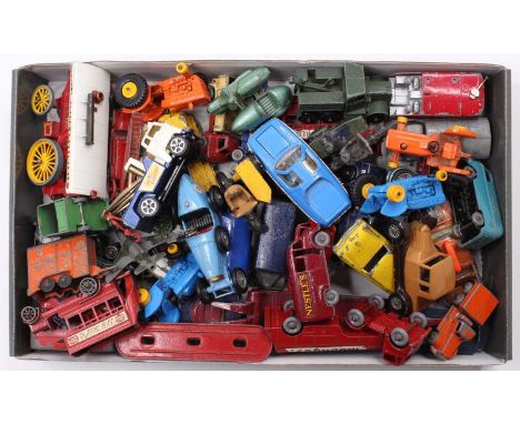 A small collection of play-worn Matchbox Lesney and similar small scale diecasts, with examples including a Matchbox No. 34 V