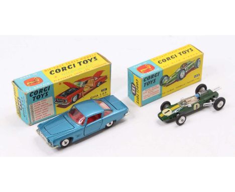 Corgi Toys boxed model group of 2 comprising No. 241 Ghia L.6.4 saloon, dark metallic blue body with red interior and spun hu