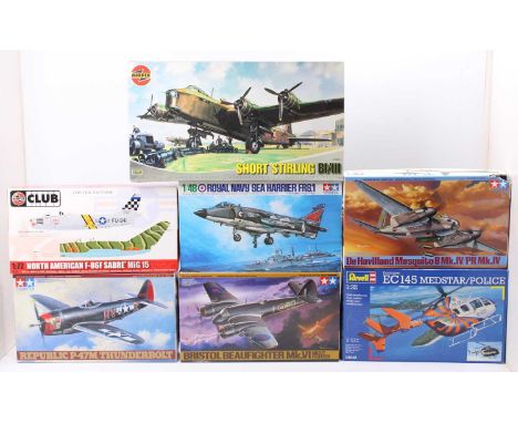 One tray of seven mixed scale plastic aircraft kits to include a Tamiya Bristol Beaufighter Mk6, a Tamiya Republic P-47M Thun