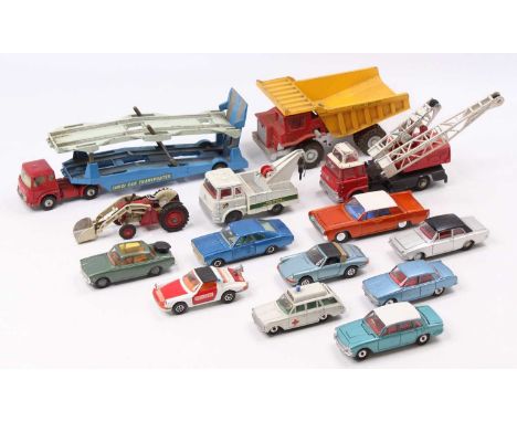 One tray containing a quantity of mixed playworn Corgi Toy and Dinky Toy diecasts, to include a Rover 2000TC, a Dinky Toys Tr