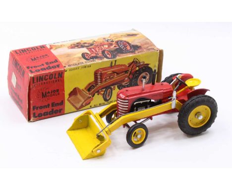 A Lincoln International diecast model of a Massey Harris Tractor with front end loader comprising red, black and silver body 