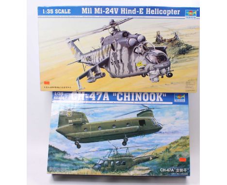 A Trumpeter 1/35 scale plastic helicopter kit group to include a No. 05103 MIL MI-24V Hinde Helicopter, together with a No. 0