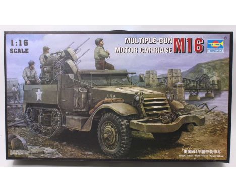 A Trumpeter 1/16 scale No. 00911 plastic kit for an M16 Multiple Gun Motor Carriage housed in the original packaging and appe