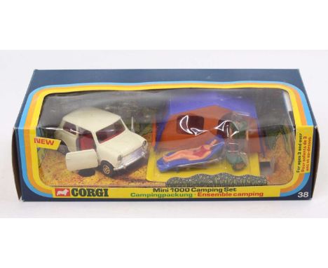 Corgi Toys, Gift Set 38, Mini 1000 camping set, comprising of cream mini with red interior, 2 figures, plastic tent and BBQ, 