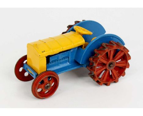 Dinky Toys pre-war No.22E farm tractor comprising of blue and yellow body with red wheels (VG)