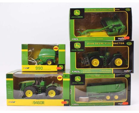 One box containing five various Britains John Deere related tractors and farm implements, to include a John Deere 535 Mower C