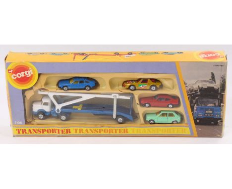 Corgi Juniors Gift Set No. 3105 Car Transporter with 5 various cars in the original window box, the inner plastic tray has so
