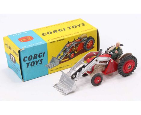 Corgi Toys No. 57 Massey Ferguson 65 Tractor with fork, red and cream body with silver forks and red plastic hubs, with drive