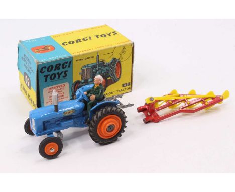 Corgi Toys No. 60 Fordson Power Major tractor comprising of blue body with orange plastic hubs, housed in the original blue &