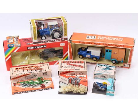 A collection of Britains Farming and Military models, with examples including No. 9524 Ford 6600 Tractor, No. 9573 Land Rover