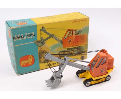 A Corgi Toys No. 1128 Priestman cub shovel, comprising of yellow and orange body with grey boom arm, housed in the original l