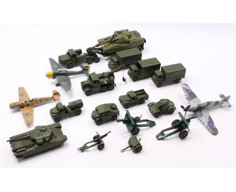 A collection of Dinky Toys military vehicles, with examples including No. 660 Thornycroft Mighty Antar Tank Transporter, No. 