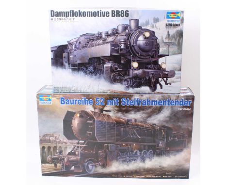 A Trumpeter 1/35 scale plastic locomotive kit group to include a No. 00210 Baureihe 52 Mit Steif Rahmentender BR-52 locomotiv