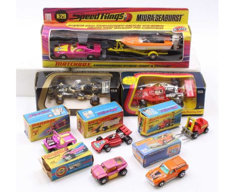 A tray containing Corgi Toy and Matchbox diecast vehicles to include a SpeedKings Lamborghini Muira and boat and trailer set,