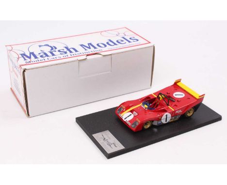 A Marsh Models factory hand built 1/43 scale model of an MM265 Spa 1972 Ferrari 312PB race car, comprising red body with raci