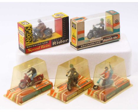 Britains Motorcycles boxed group of 5 comprising No. 9679 German Dispatch Rider, No. 9685 Lambretta Scooter, No. 9687 Honda, 