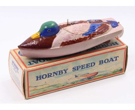 Hornby Water Toy Duck, tinplate and fixed key mechanism, powering single propeller, working order, comprising light violet ma