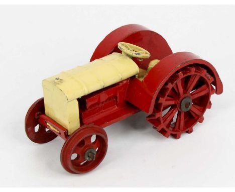 Dinky Toys, 22E Pre-war farm tractor, red and cream version with hook and Dinky Toys cast to underside, some playwear, pre-wa