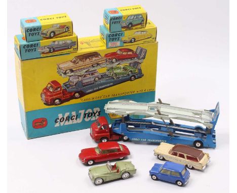 Corgi Major Toys Gift Set 1B Carrymore Car Transporter with 4 cars, set contains Bedford Car Transporter, and 4 boxed cars - 