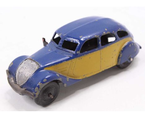 Dinky Toys No. 24L Peugeot 4002 Taxi comprising a blue body, with yellow side panels, metal wheels, a tin base, silver trim, 