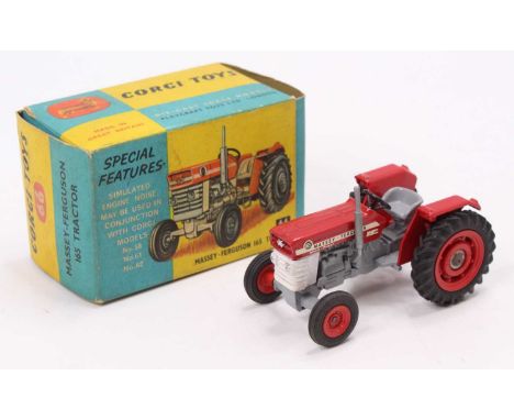 Corgi Toys No. 66 Massey Ferguson 165 tractor comprising of red and grey body with red hubs, housed in the original blue &amp