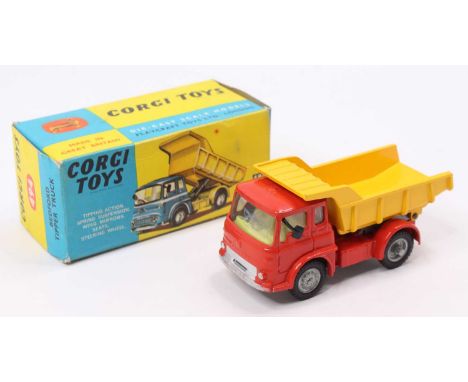 Corgi Toys No. 494 Bedford Tipper Truck, red cab and chassis with yellow tipper, sold in the original yellow &amp; blue card 