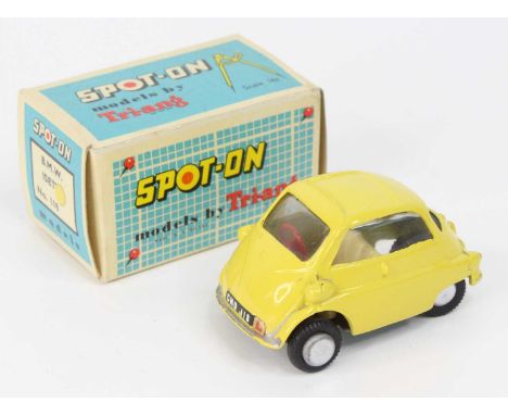 Spot-On Models by Triang No. 118 BMW Isetta Bubble Car comprising a darker lemon yellow body with an ivory interior, and a re