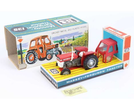 Britains No. 9529 Massey Ferguson 135 tractor, comprising of grey, red and white body with silver hubs, complete with attacha