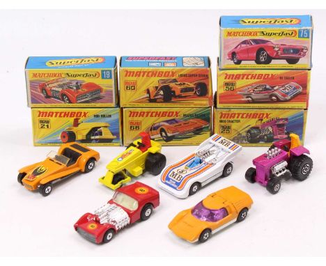 Matchbox Lesney Superfast boxed model group of 6 comprising No. 19 Road Dragster, No. 66 Mazda RX 500, No. 21 Rod Roller, No.