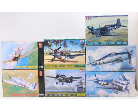 Tamiya, Hasegawa, and Hobby Craft model kit group of 7, with examples including a Tamiya 1/48th scale Vought F4U-1A Corsair, 