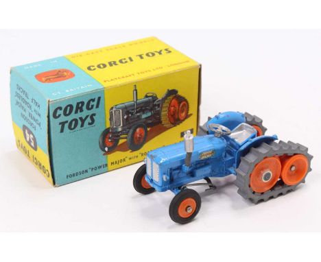 Corgi Toys, 54 Fordson Power Major with Roadless half tracks, blue, orange rollers, grey rubber tracks, model has some light 