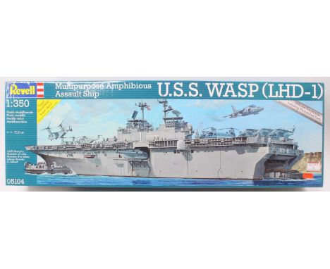 A Revell No. 05104 1/350 scale plastic kit for a USS Wasp Amphibious Salt Ship housed in the original box, complete with phot