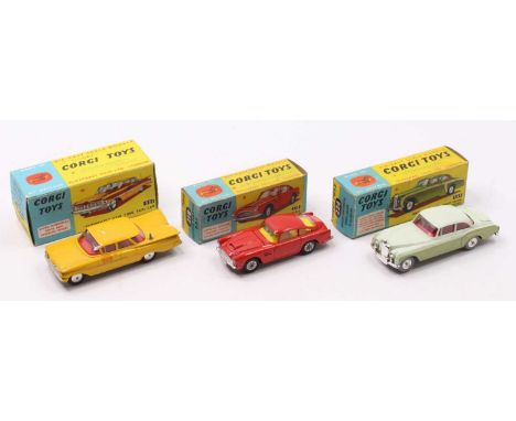 Corgi Toys boxed group of 3 comprising No. 218 Aston Martin in red, No. 224 Bentley Continental Sports Saloon, and No. 221 Ch