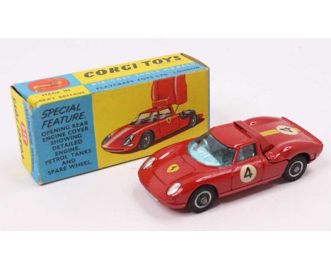 Corgi Toys No. 314 Ferrari Berlinetta 250 Le Mans, comprising of red body with wirework hubs and racing No. 4 housed in the o
