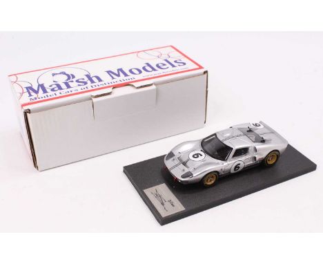 A Marsh Models factory hand built 1/43 scale model of an MM307B Ford Mk2 Daytona 1967 race car, comprising silver body with r