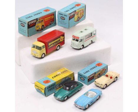 A collection of boxed and loose Corgi Toys comprising No. 459 ERF Model 44G Delivery Van, No. 407 Smith's Karrier Bantam Mobi