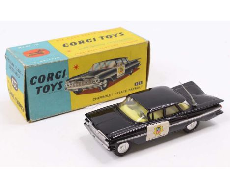 Corgi Toys No. 223 Chevrolet State Patrol Police car, comprising of black body with State Patrol stickers, fitted with a yell