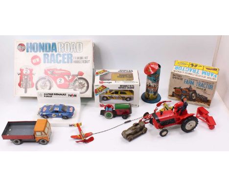 A collection of mixed toys comprising a Burago Renault 14TL Tour De France support vehicle, a partially boxed Polistil Renaul