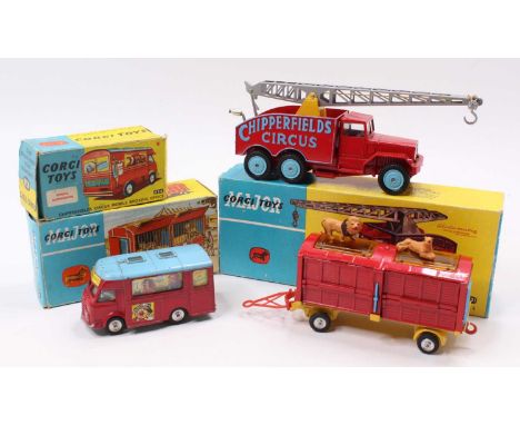 Corgi Toys Chipperfields Circus boxed model group of 3 comprising No. 1121 Circus Crane Truck, red and blue body with silver 