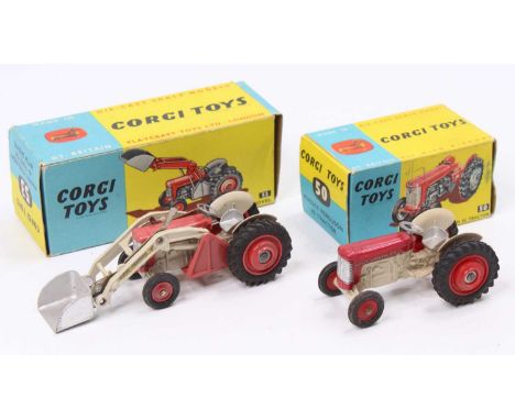 Corgi Toys boxed tractor group, 2 examples comprising No. 53 Massey Ferguson 65 tractor with shovel, bright red bonnet, grey 