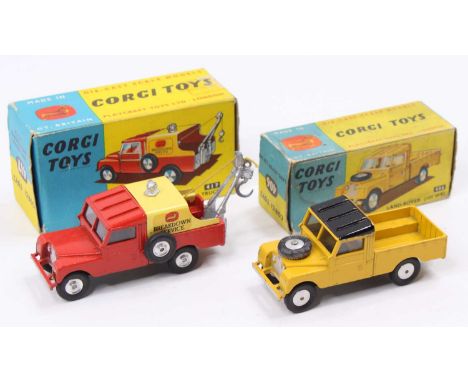 Corgi Toys boxed Land Rover group, 2 examples comprising No. 406, Land Rover 109 WB, yellow body with black roof, spun hubs i