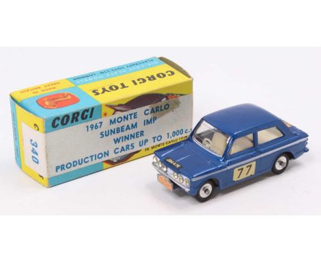 Corgi Toys, No.340 Sunbeam Imp "Rallye Monte Carlo" metallic blue, off-white interior, cast hubs, racing No.77, the model has