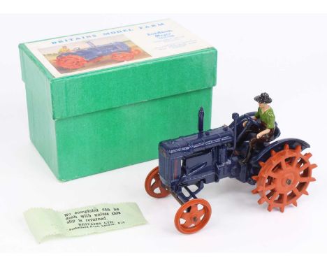 Britains 127F, Fordson Major tractor with driver, dark blue body and fitted with orange studded metal wheels, with driver, or