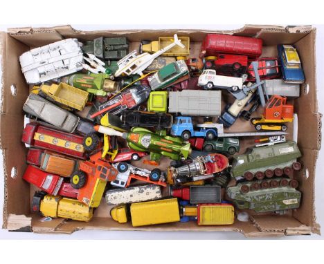 A tray of play worn Dinky and Corgi Toys, with examples including a Dinky Toys No. 351 UFO Interceptor, No. 353 Shado 2 Mobil