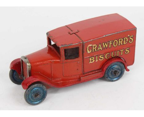 Dinky Toys, pre-war 28L delivery van 'CRAWFORDS' type 1 lead, red, blue wash wheels 'Crawfords Biscuits', some wear on hard e