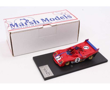 A Marsh Models factory hand built 1/43 scale model of an MM265 Ferrari 312PV 1972 Monza race car, comprising red body with ra