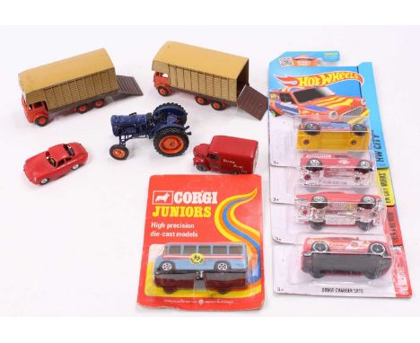 A small collection of mixed diecasts comprising 2x Budgie Leyland Hippo Horsebox, a Matchbox No. 47 Trojan Van, a Triang Mini